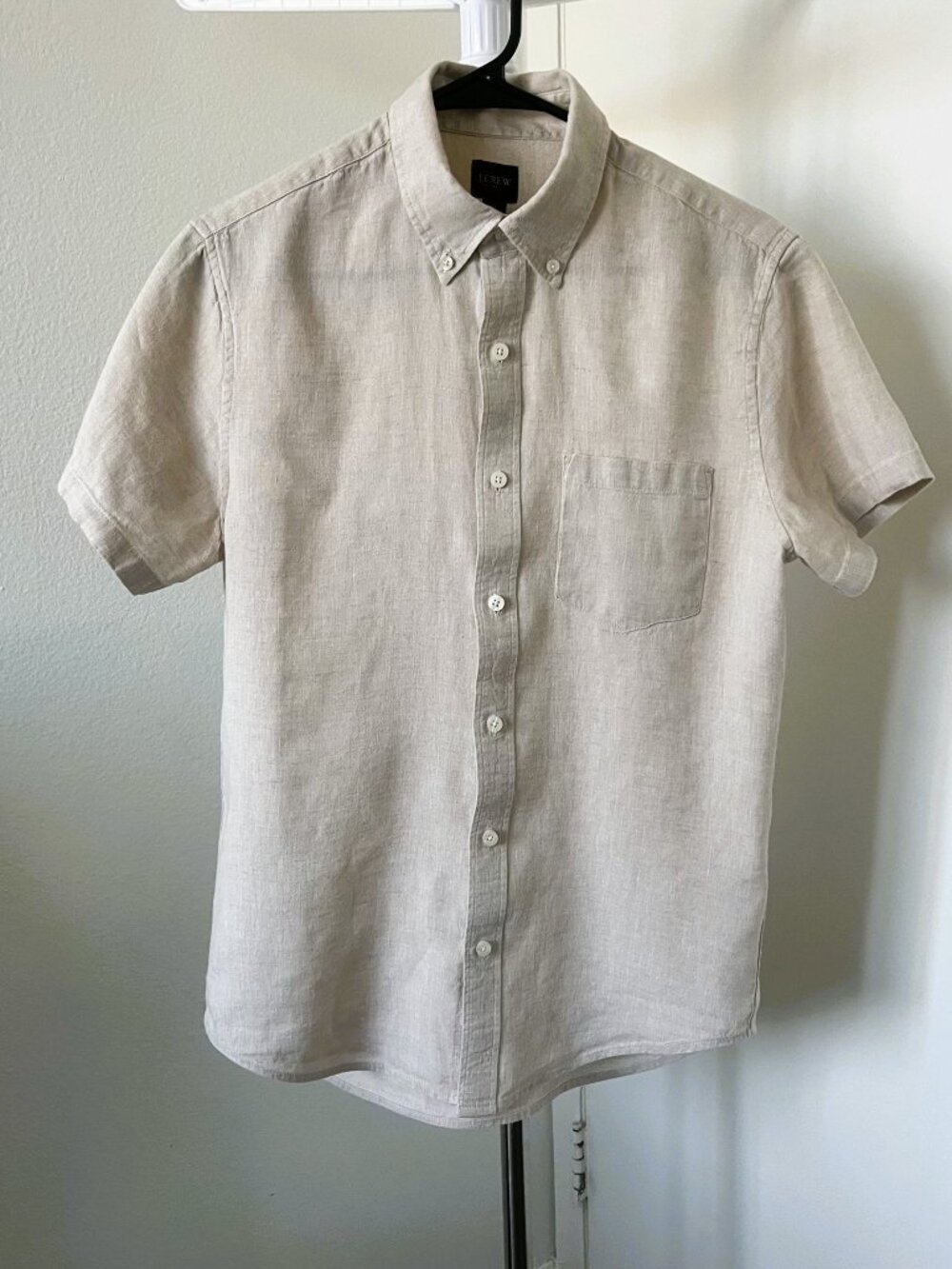 J.CREW Men's Small Linen Cotton Short Sleeve Button Down Shirt Beige Oatmeal